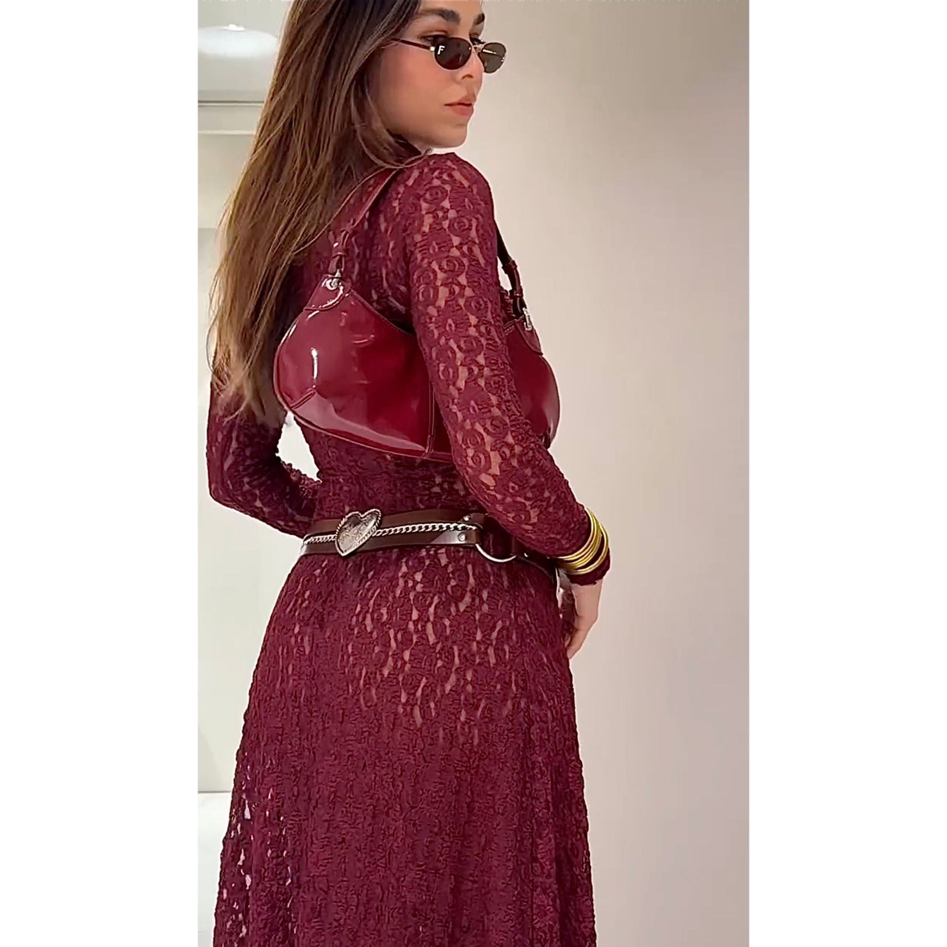 Dam Maxiklänning Elegant Hög Krage Toppmaterial med Rüsch-Detaljer-3