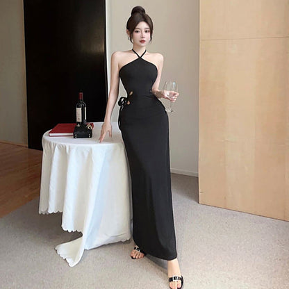 Kvinnors Lång Klänning Halterneck Polyester Ärmlös Elegant-3