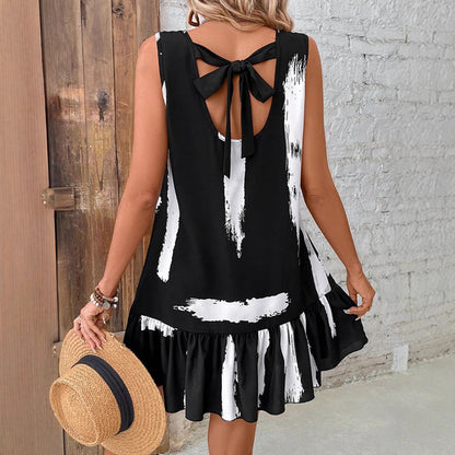 Dam Midi Klänning med Volang Randig Design för Sommar-3