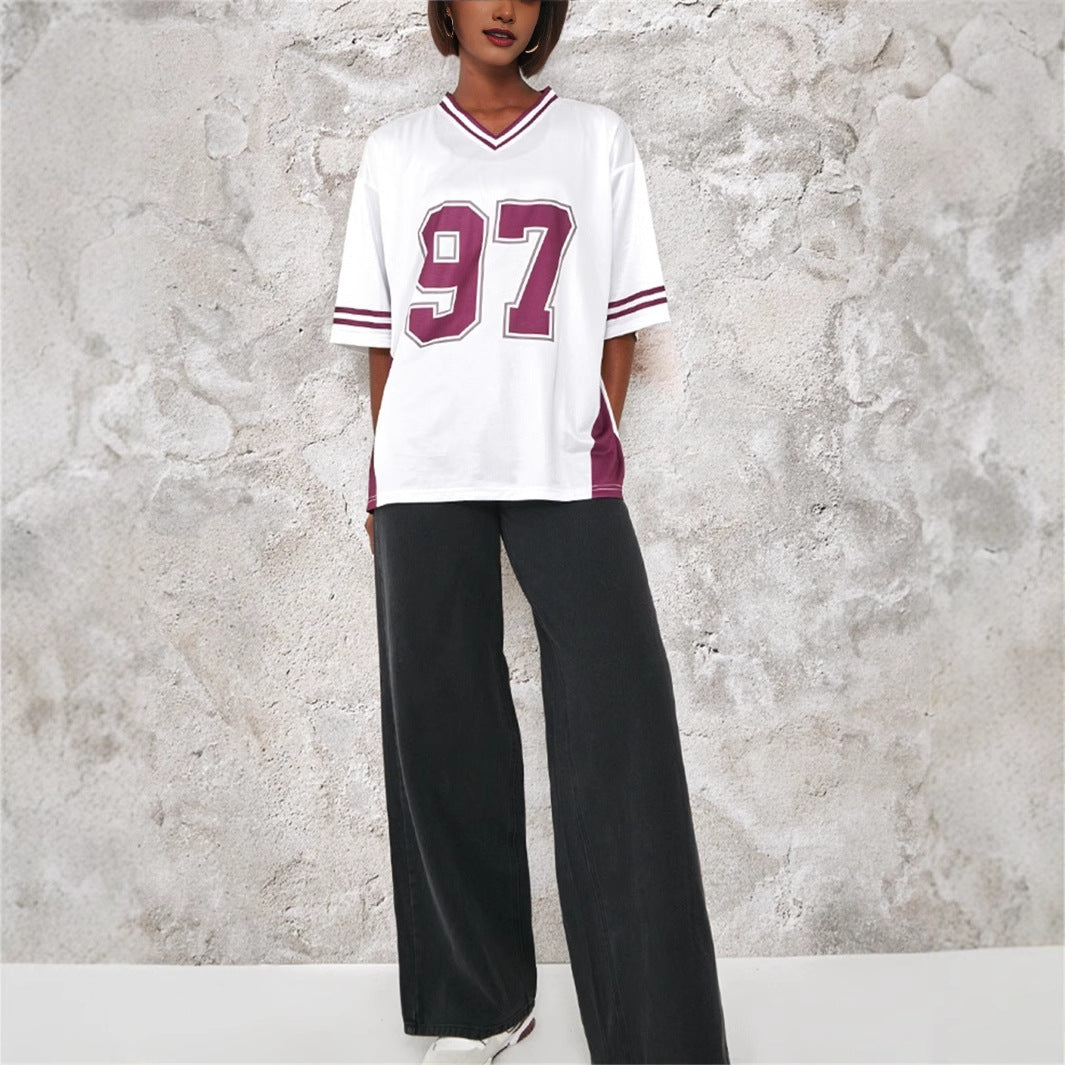 Dam T Shirt Kortärmad V-ringad Polyester Färgblock-4