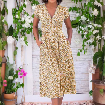 Damklänning V-hals A-linje Midi Fyrvägsstretch Bohemisk Stil 5