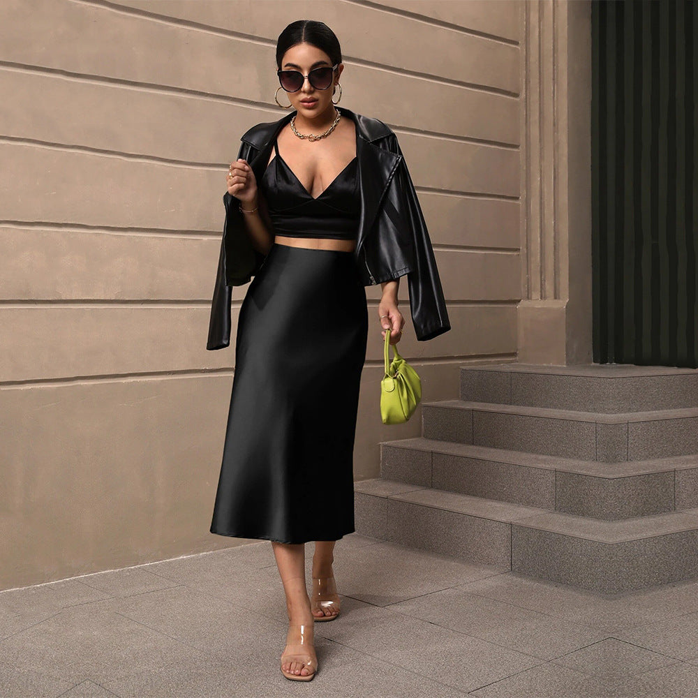 Dam Midi Kjol A-Line Satin med Spandex-3