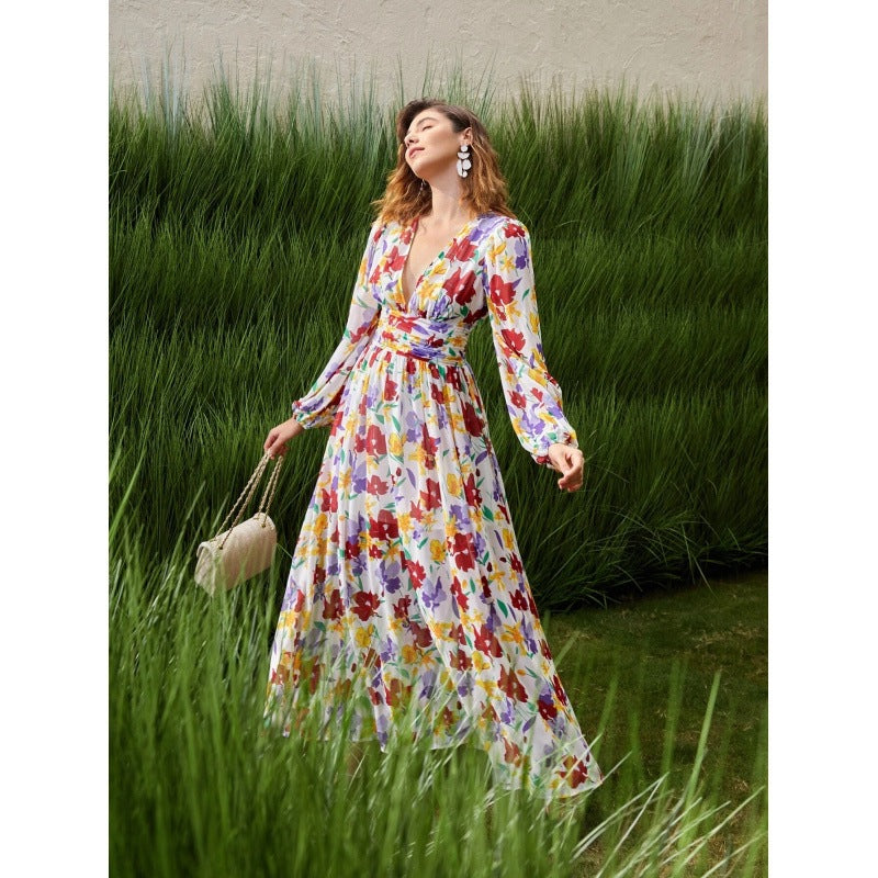 Variant image for Kvinna A-Linjeformad Klänning Blommönster Polyester med Långa Ärmar-1