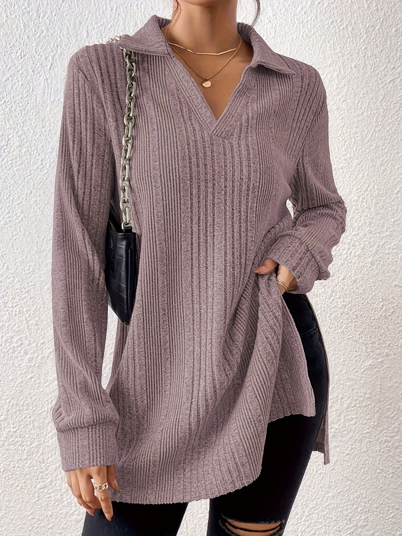 Dam Långärmad T-shirt Löst Passform Bomull Polo-krage-6