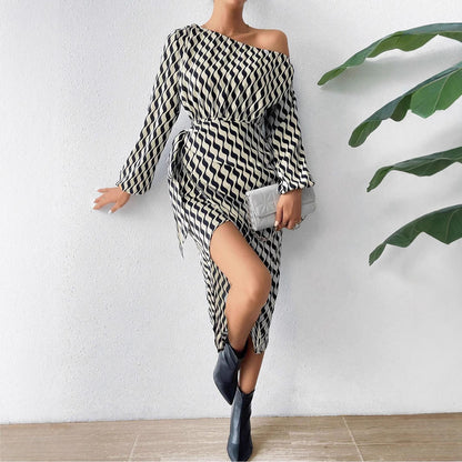 Dam Maxiklänning Randig Långärmad Polyester Elegant-4