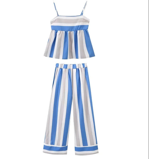 Kvinnors Sommardräkt med Luftig Blus och Breda Byxor – Justerbara Spaghetti-bärare, Långt, Lätt Tyg, Avslappnad Passform 1