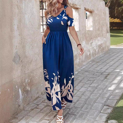 Kvinnors Lång Klänning Off-Shoulder A-linjeformad Polyester Med Fickor-4