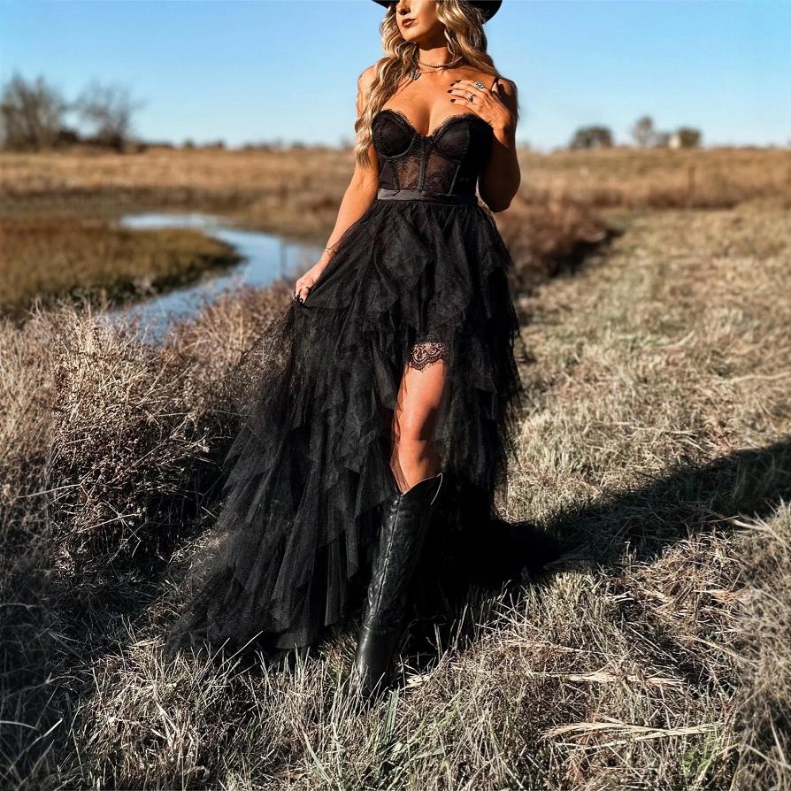 Maxiklänning Dam Asymmetrisk Off-Shoulder Tulle Lång Kjol-3