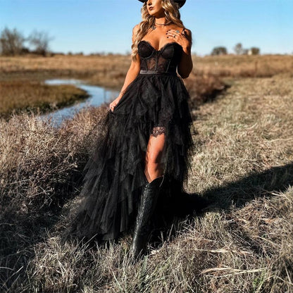 Maxiklänning Dam Asymmetrisk Off-Shoulder Tulle Lång Kjol-3