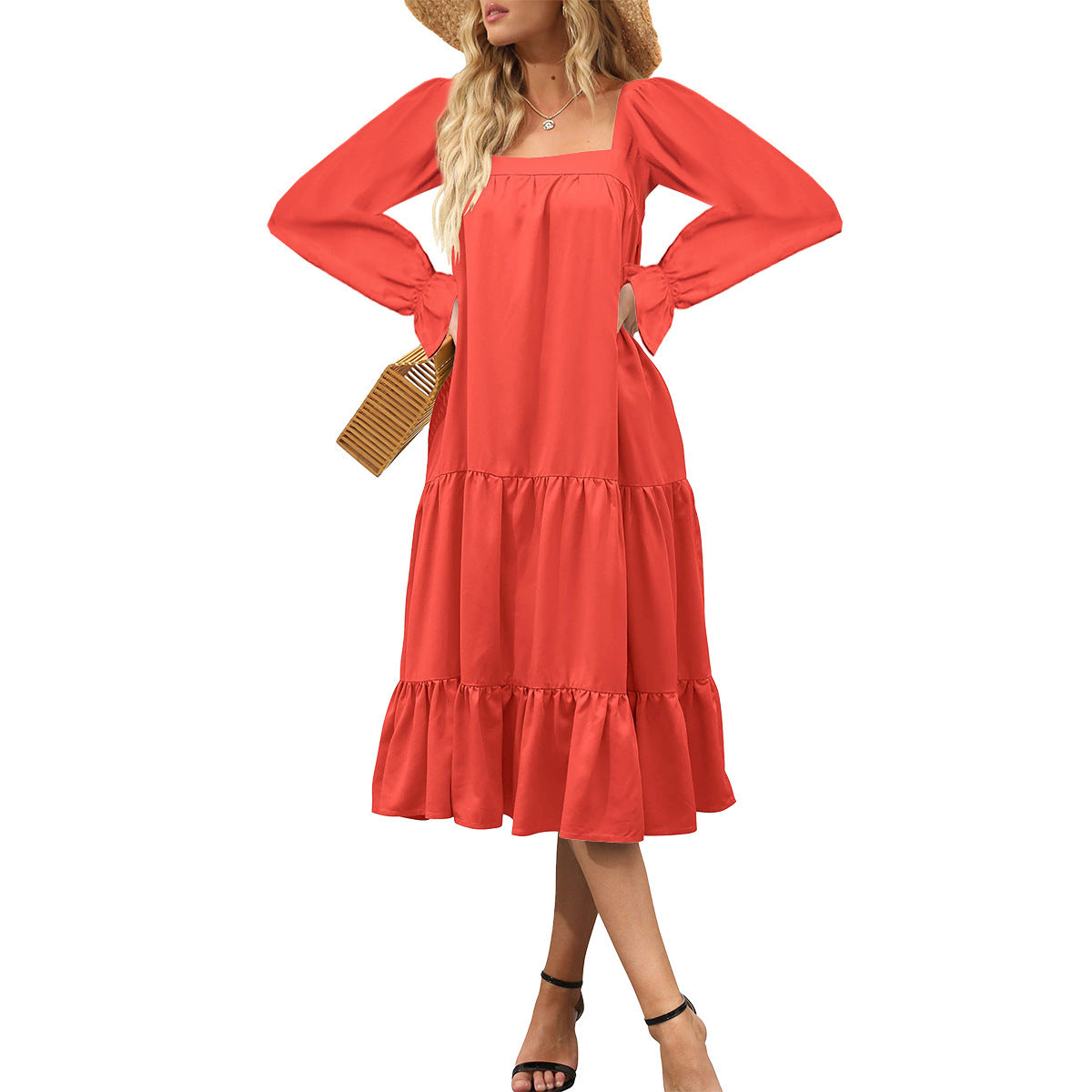 Maxiklänning Dam A-linjeformad Viskosfiber med Långa Ärmar och Volanger-6