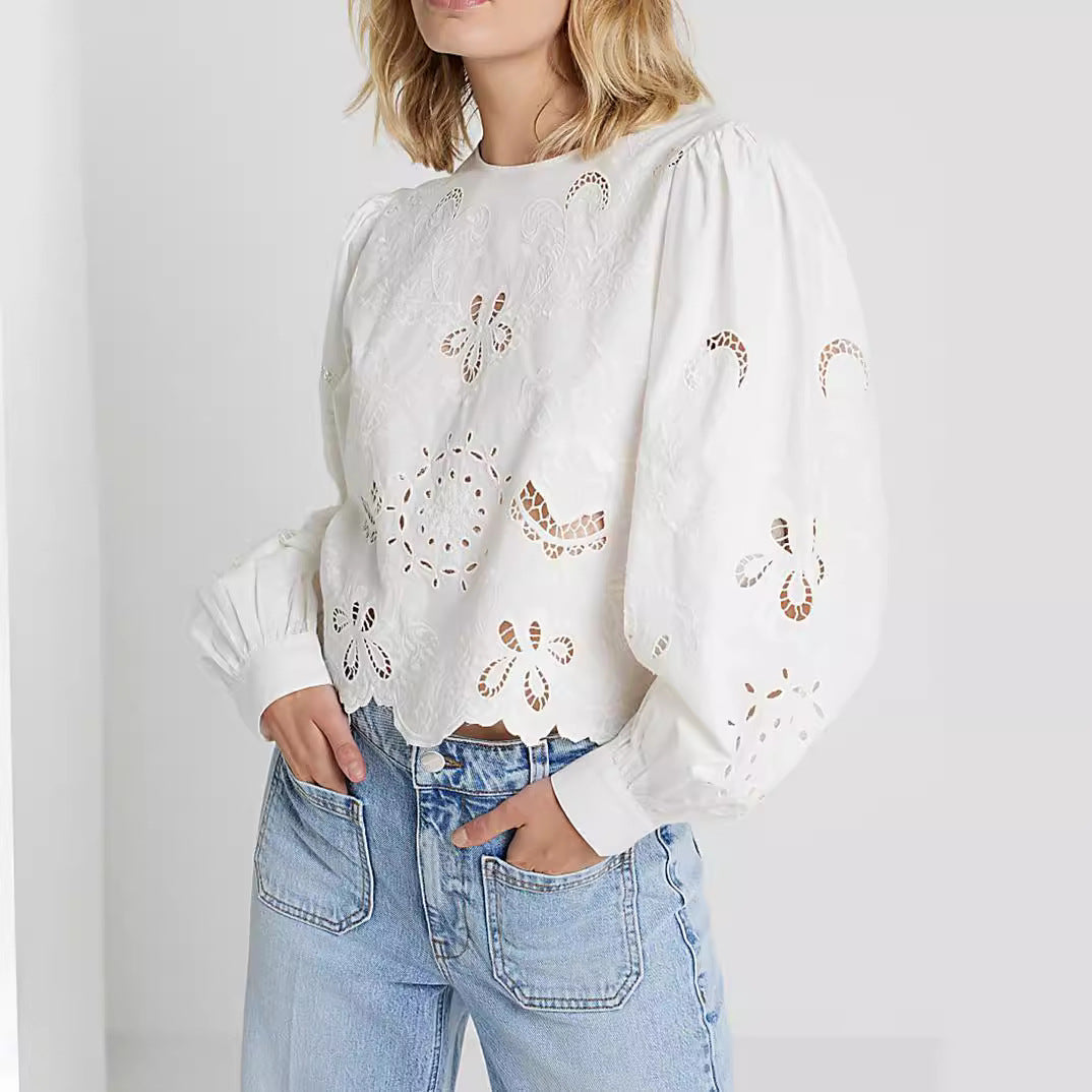 Dam Blus Långärmad Broderad Polyester Elegant Design-2