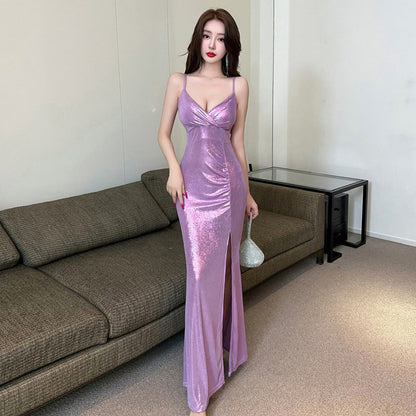 Maxiklänning Dam Slitsad V-Hals Polyester Färgblockering-2