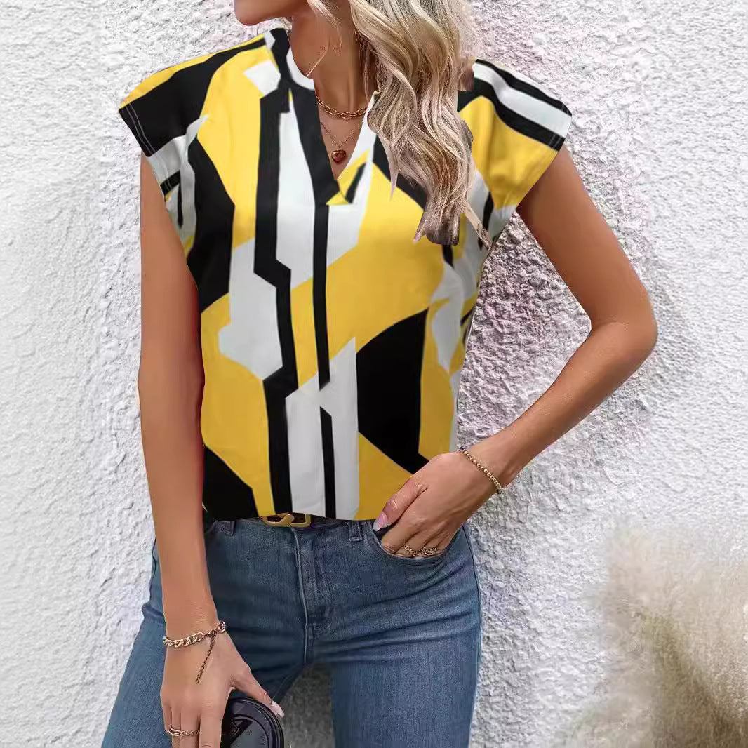 Kvinnors T-shirt V-ringning Färgblockering Polyester 3