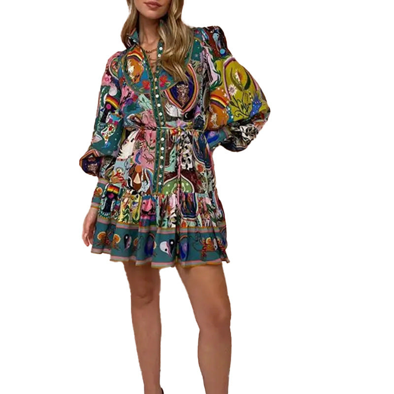 Kvinnors Blommig Klänning med Bindande Bälte Polyester Ruffle-6