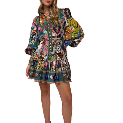 Kvinnors Blommig Klänning med Bindande Bälte Polyester Ruffle-6