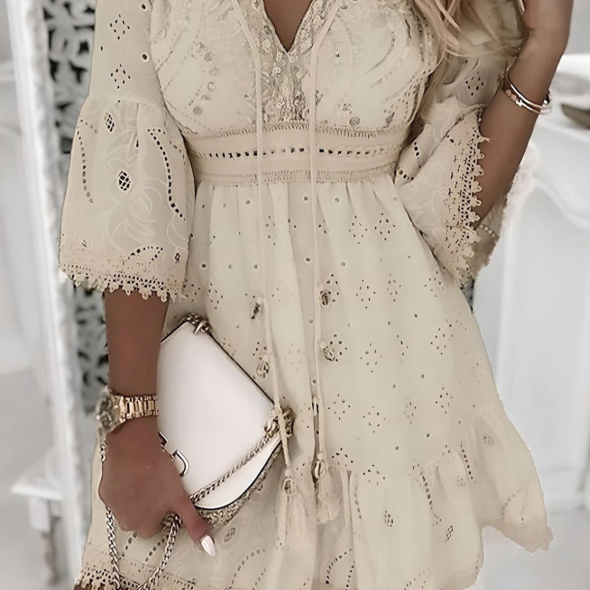 Damklänning A-Linjeformad Broderad med Blommönster i Bomull och Polyester-4