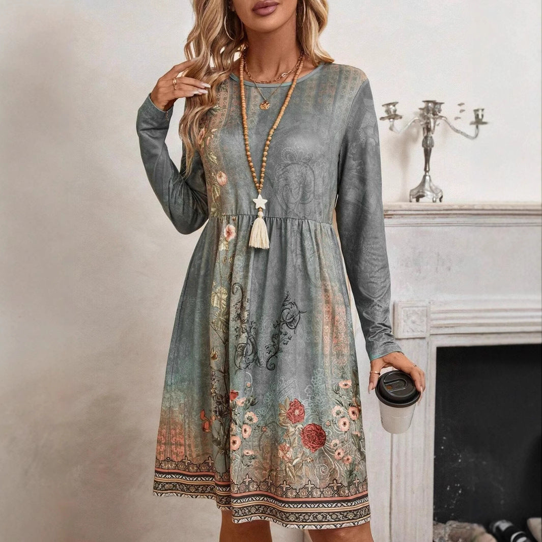 Kvinnor Midi Klänning Blommig Långärmad Polyester-3