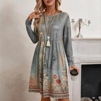 Kvinnor Midi Klänning Blommig Långärmad Polyester-3