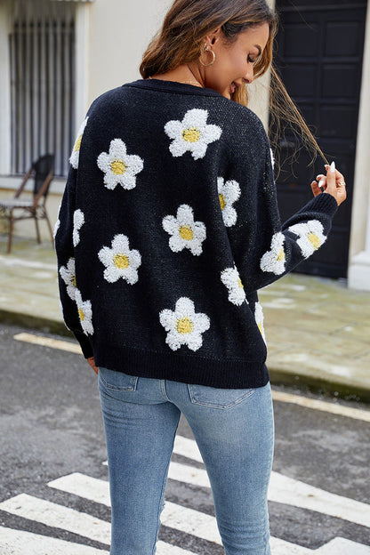 V-Hals Cardigan för Dam med 3D-Blommor, Normal Passform i Polyester – Lång Ärmar, Flera Färger 4