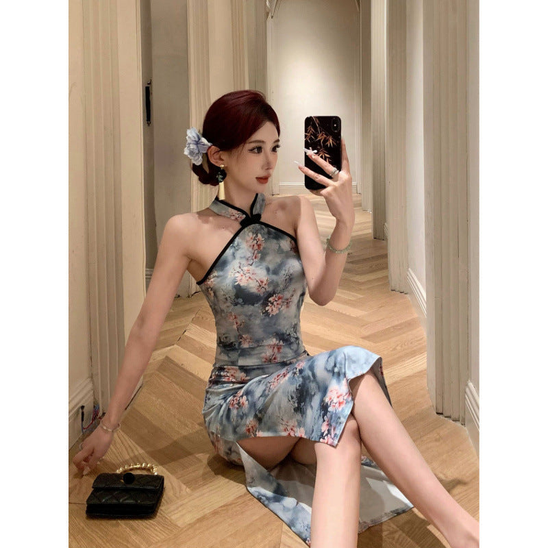 Dam Klänning Bodycon Lång Qipao Polyester med Blommönster-4