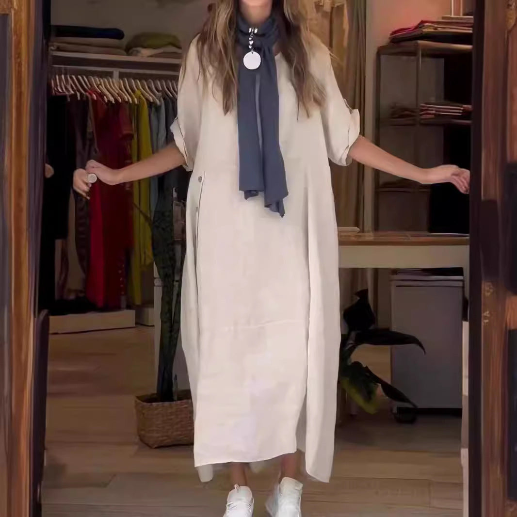 Dam Långklänning Löst Avslappnad Bomull med Cirkulär Halsringning-3