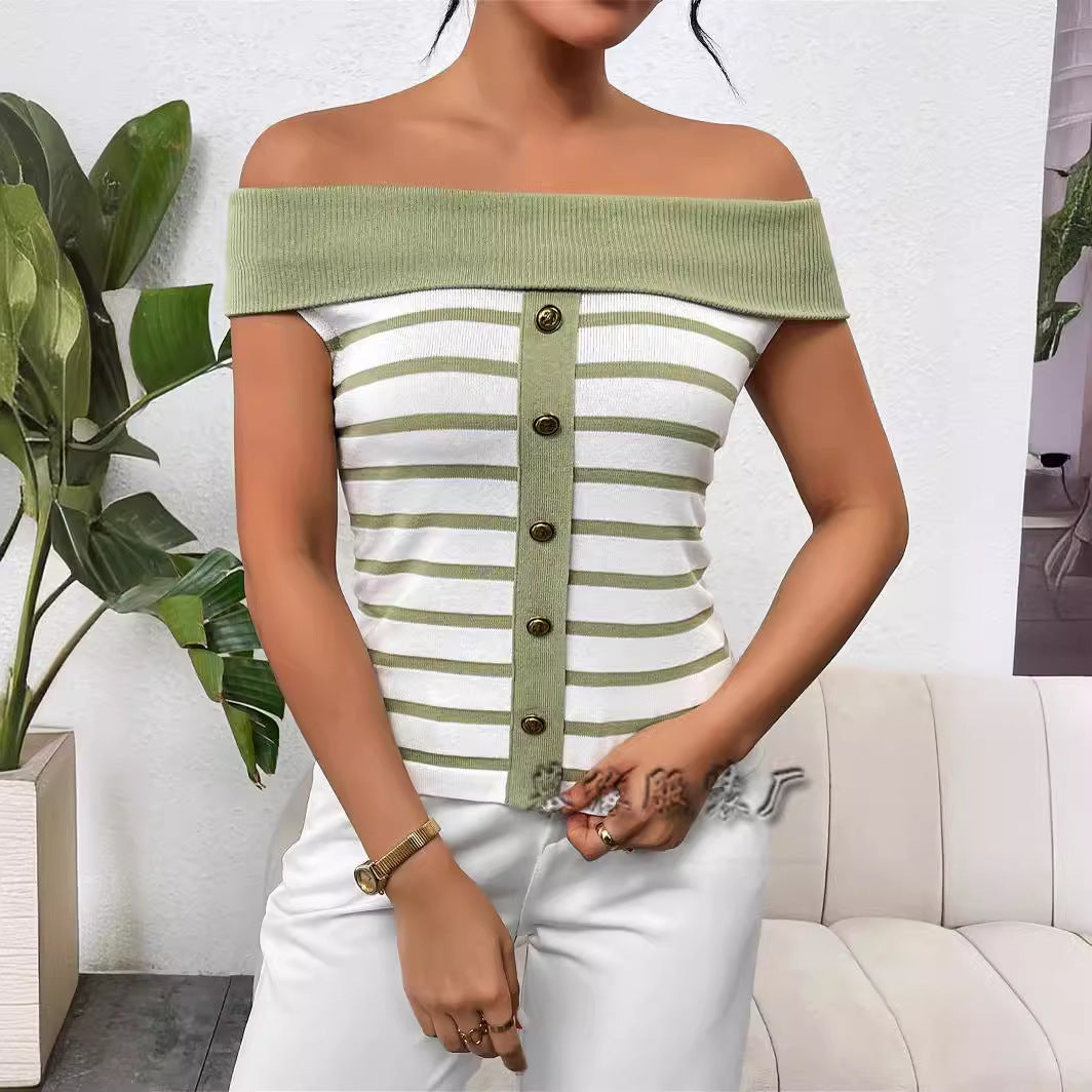 Dam Off-Shoulder Tröja Randig Viskos Nylon-3