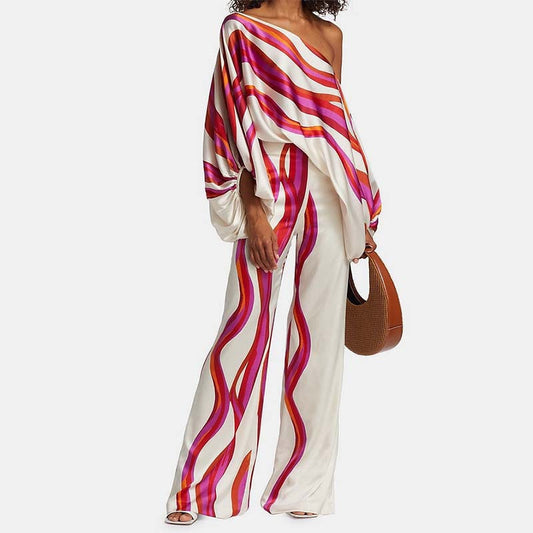 Tvådelad Off-Shoulder Uppsättning för Kvinnor med Breda Benbyxor – Elegant Polyester Ensemble i Stl S-XL 1