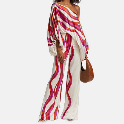 Tvådelad Off-Shoulder Uppsättning för Kvinnor med Breda Benbyxor – Elegant Polyester Ensemble i Stl S-XL 7