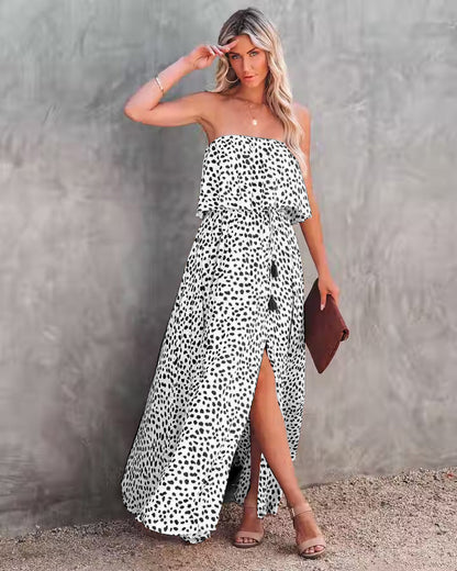 Kvinnors A-linjeformad Klänning Axellös Polyester Leopardmönster-1