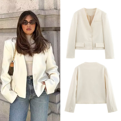 Dam Blazer V-ringning Skräddarsydd Polyester Elegant Stil-2