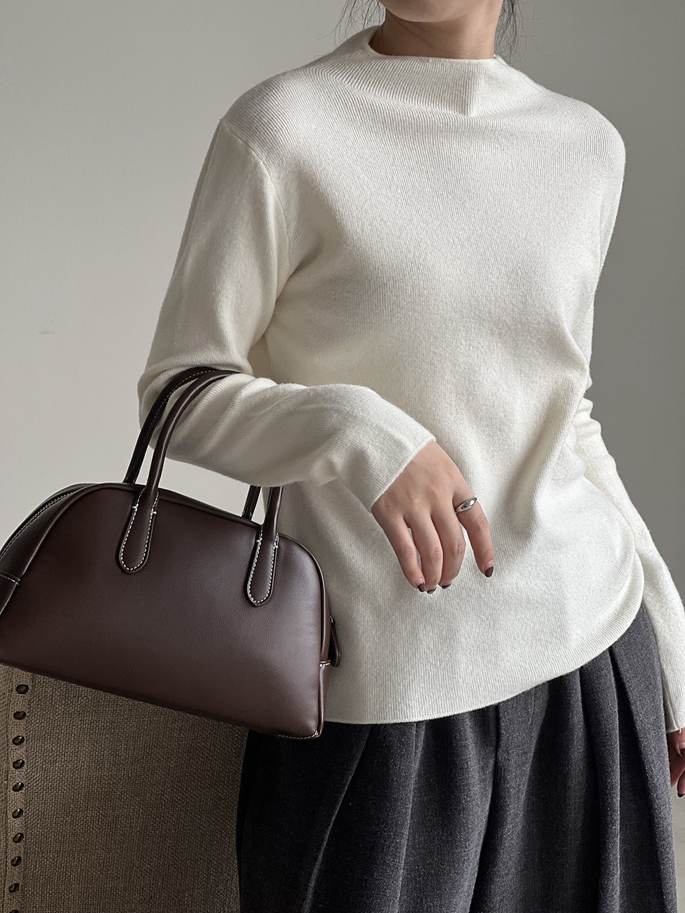 Dam Stickad Halvturtleneck Tröja Borstad Ull-6