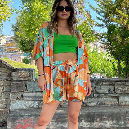 Dam Kimono Set med Tryckt Spets Tre Fjärdedelars Ärmar Polyester-1