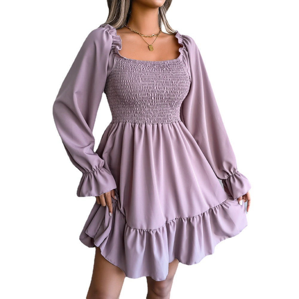 Kvinnors Midi Klänning Rynkad Fyrkantig Halsringning Polyester-3