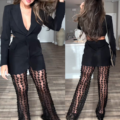 Dam Kostym Set Blommönster med Spetsdetaljer Polyester-2