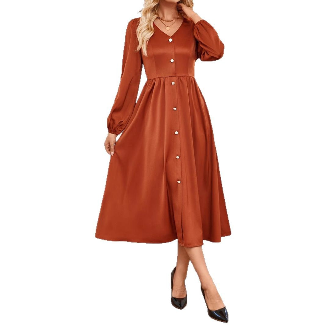 Kvinnor Chiffongklänning Knälängd med Knappdetalj och Uthyrda Ärmar 5