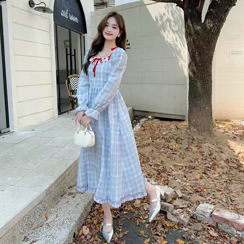 Kvinna Prickad Klänning Långärmad Polyester Fyrkantig Halsringning-4