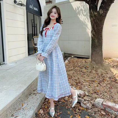 Kvinna Prickad Klänning Långärmad Polyester Fyrkantig Halsringning-4