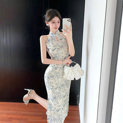 Kvinnors Cheongsam Klänning Blommönster med Pärldetaljer Polyester-5