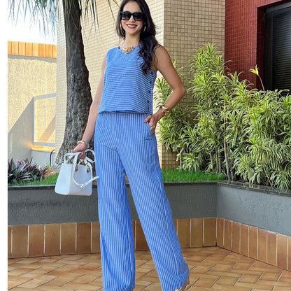 Dam Set Löst Topp Ärmlös Polyester Raka Byxor-2