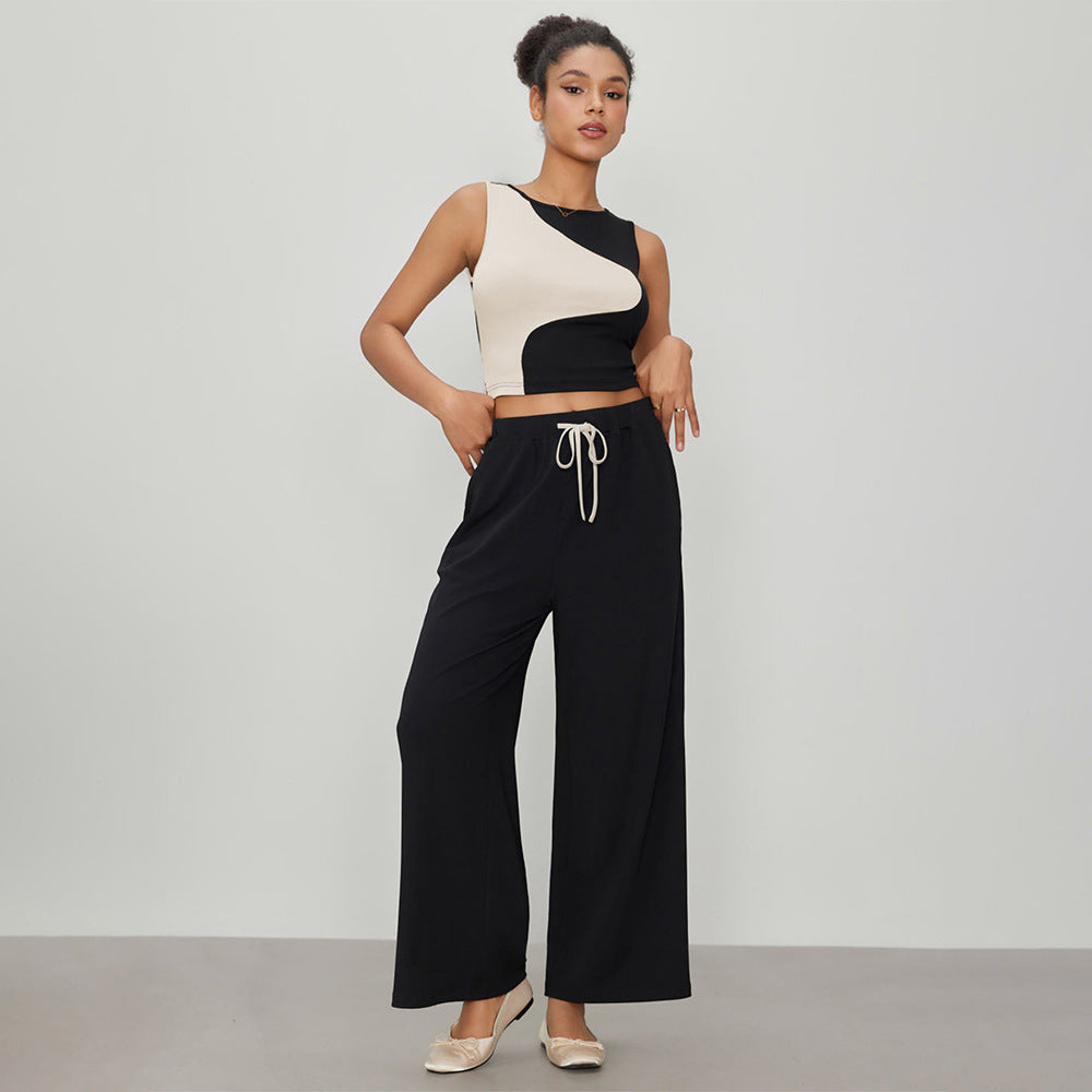 Dam Kort Topp Färgblock Ribbad Tyg-4