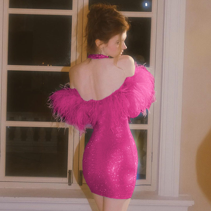 Kvinnors Axelfri Klänning med Fjäderdekoration Hög Kvalitet 3