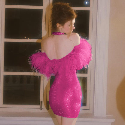 Kvinnors Axelfri Klänning med Fjäderdekoration Hög Kvalitet 3
