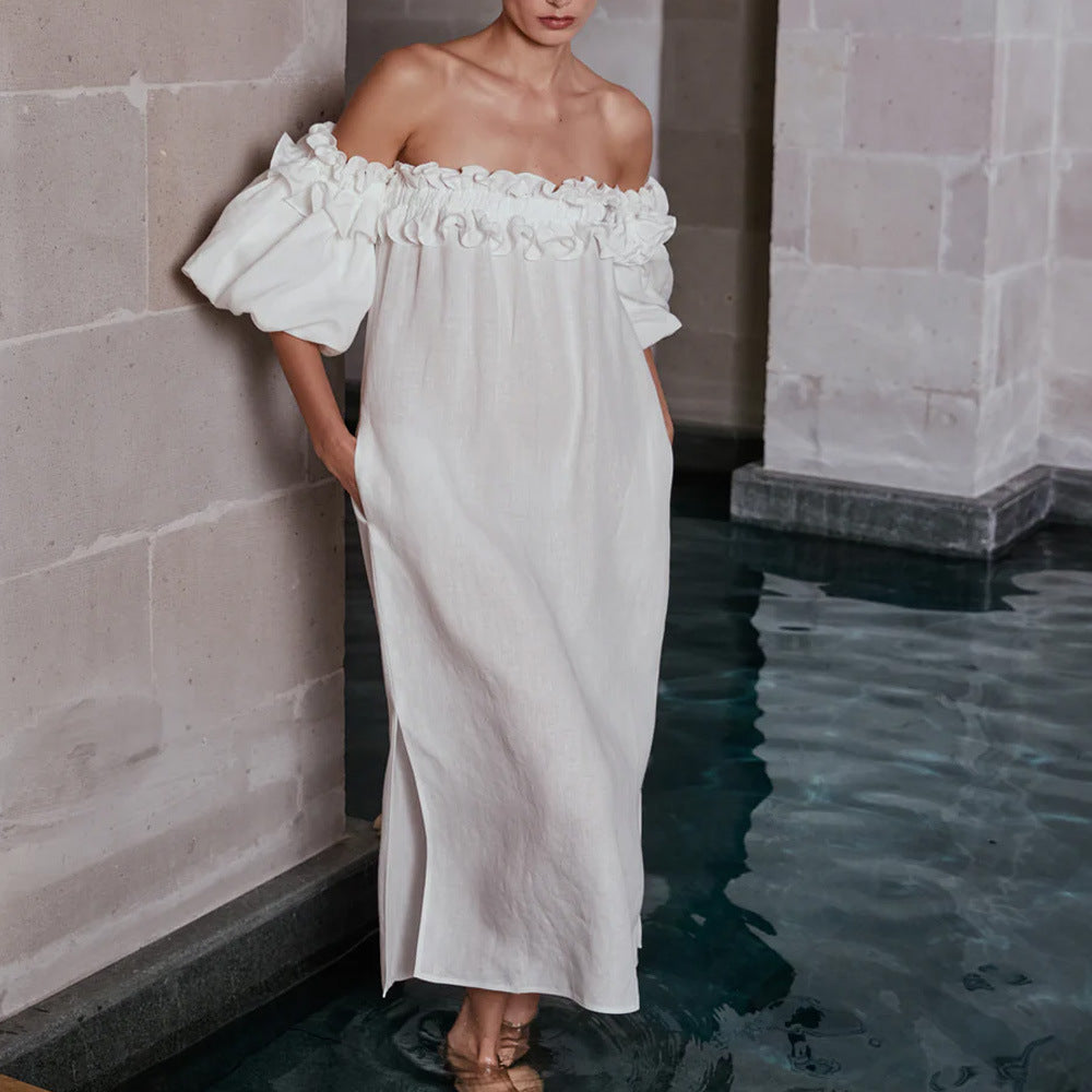 Damklänning Off-Shoulder A-linje Spetsbomull med Puffärmar-4