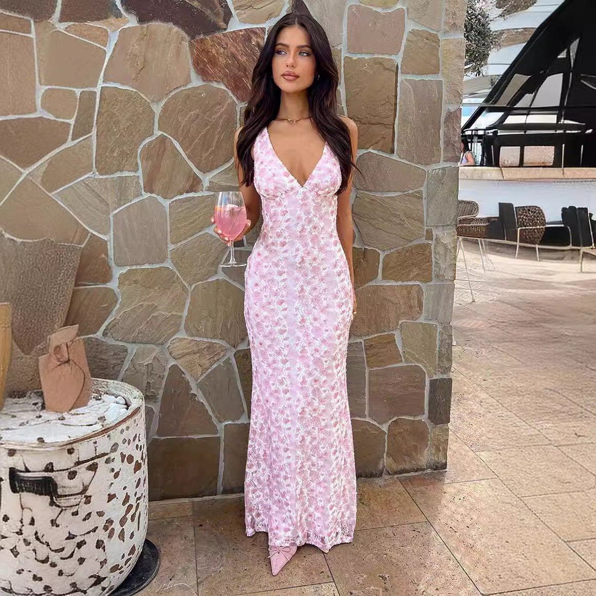 Dam Högbelagd Spetsklänning för Sommarfest och Bröllop i Lätt Polyester-2