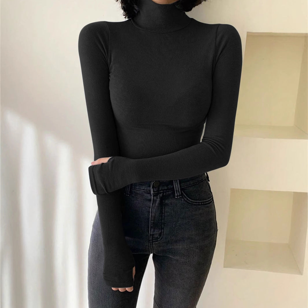 Dam Halvhög Tröja Enfärgad Polyester Långa Ärmar-1