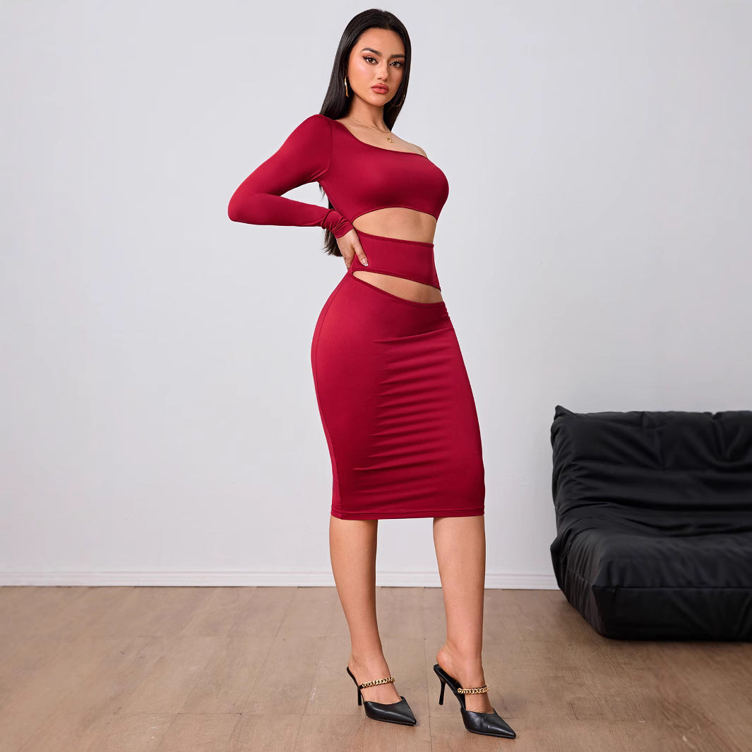 Kvinnors Midi Klänning Bodycon En Axel Polyester Elastan-4