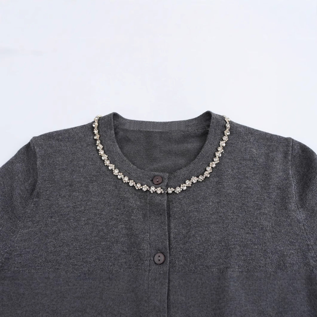 Kvinnors Cardigan Elegant Mjuk Textil med Pärlhalsband 3