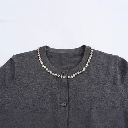 Kvinnors Cardigan Elegant Mjuk Textil med Pärlhalsband 3