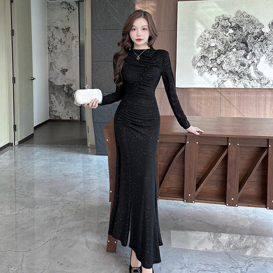 Dam Klänning V-ringad Långärmad Rüschensrock i Högkvalitativt Tyg-1