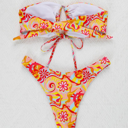 Dam Bikini Bandeau Blommig Design med Justerbara Sidoband-2
